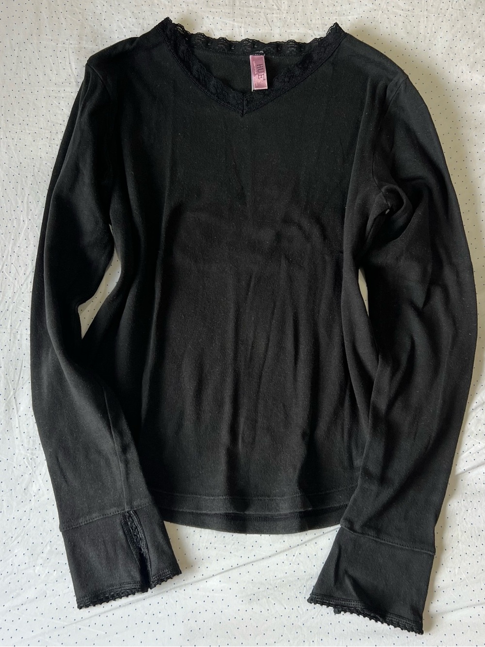 HUE Black Lace-Trim Long Sleeve Tee